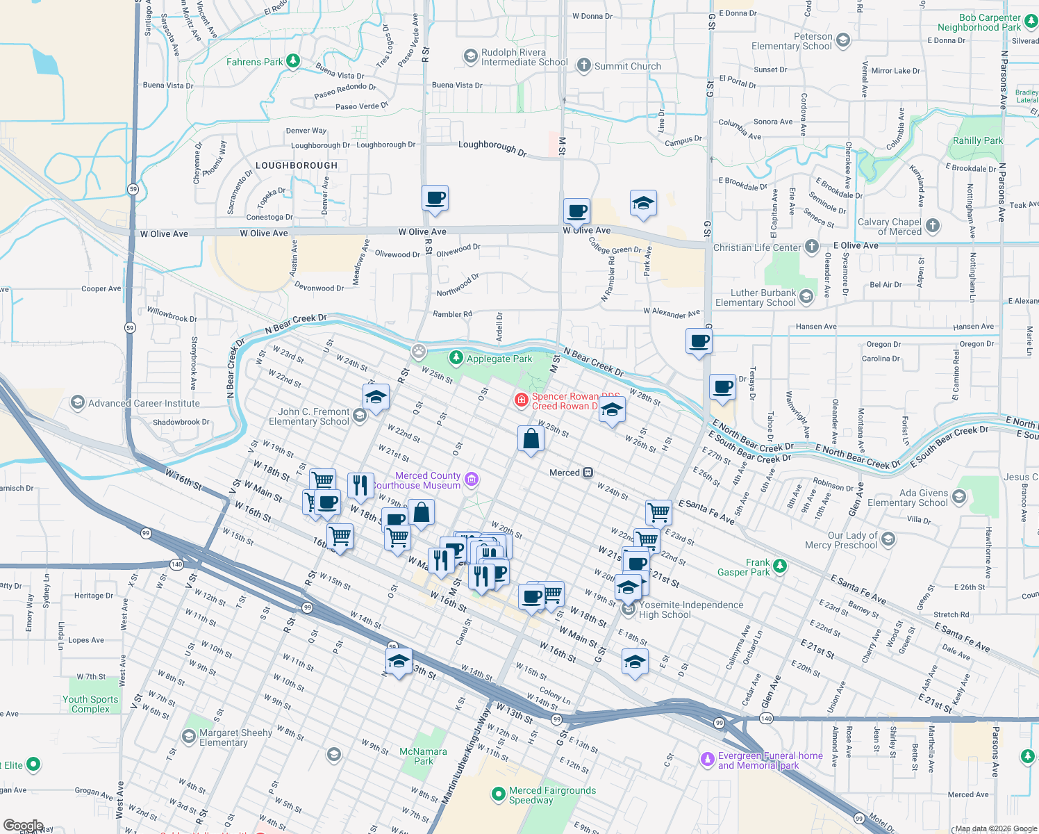 map of restaurants, bars, coffee shops, grocery stores, and more near 632 West 25th Street in Merced