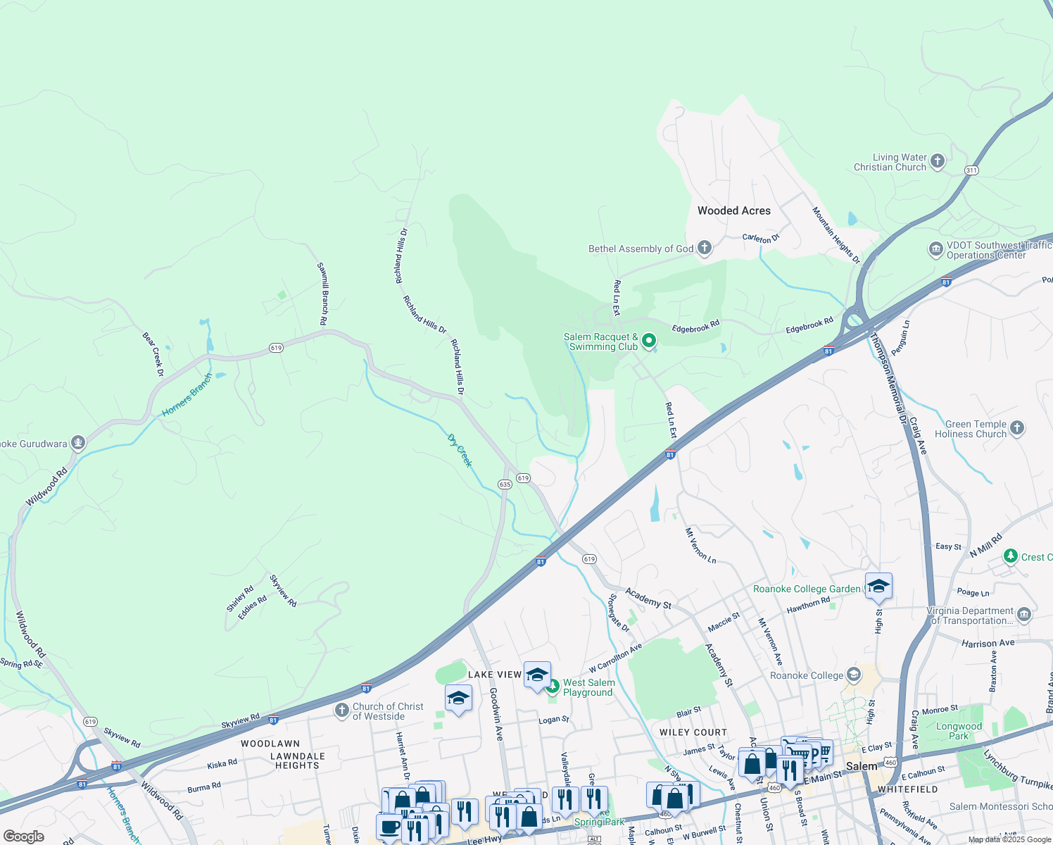 map of restaurants, bars, coffee shops, grocery stores, and more near 1414 Avalon Circle in Salem