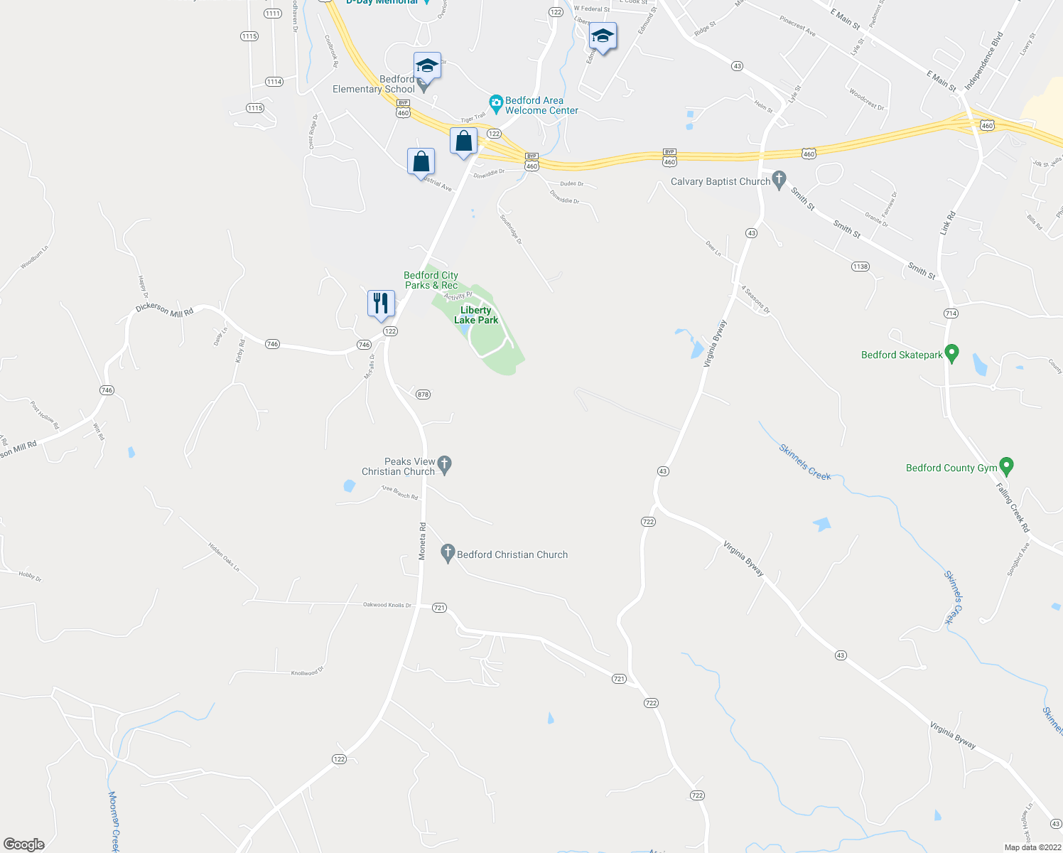 map of restaurants, bars, coffee shops, grocery stores, and more near 1009 5 Forks Road in Bedford