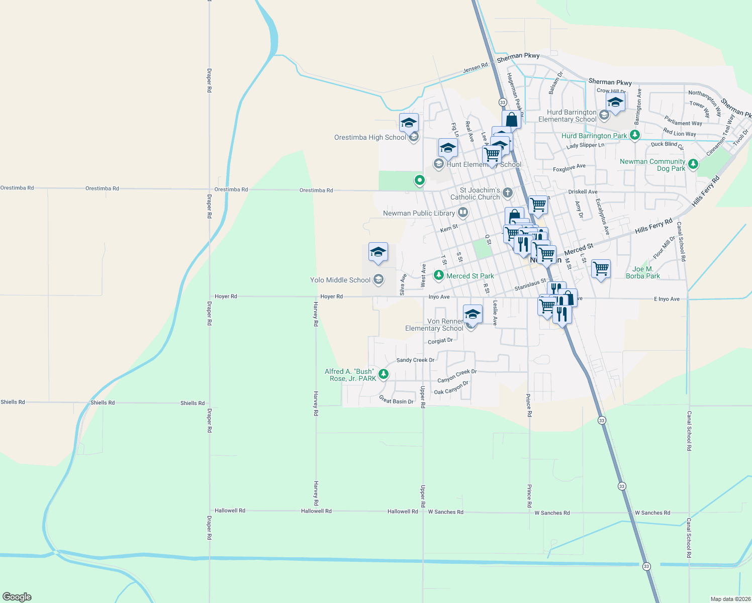 map of restaurants, bars, coffee shops, grocery stores, and more near 906 Hoyer Road in Newman