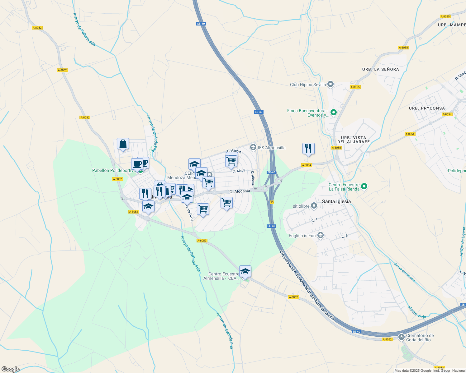 map of restaurants, bars, coffee shops, grocery stores, and more near 22 Calle Aleanto in Almensilla