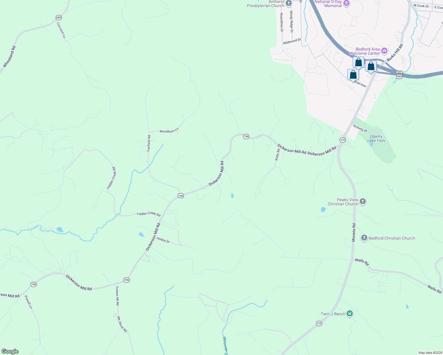 map of restaurants, bars, coffee shops, grocery stores, and more near 2278 Dickerson Mill Road in Bedford