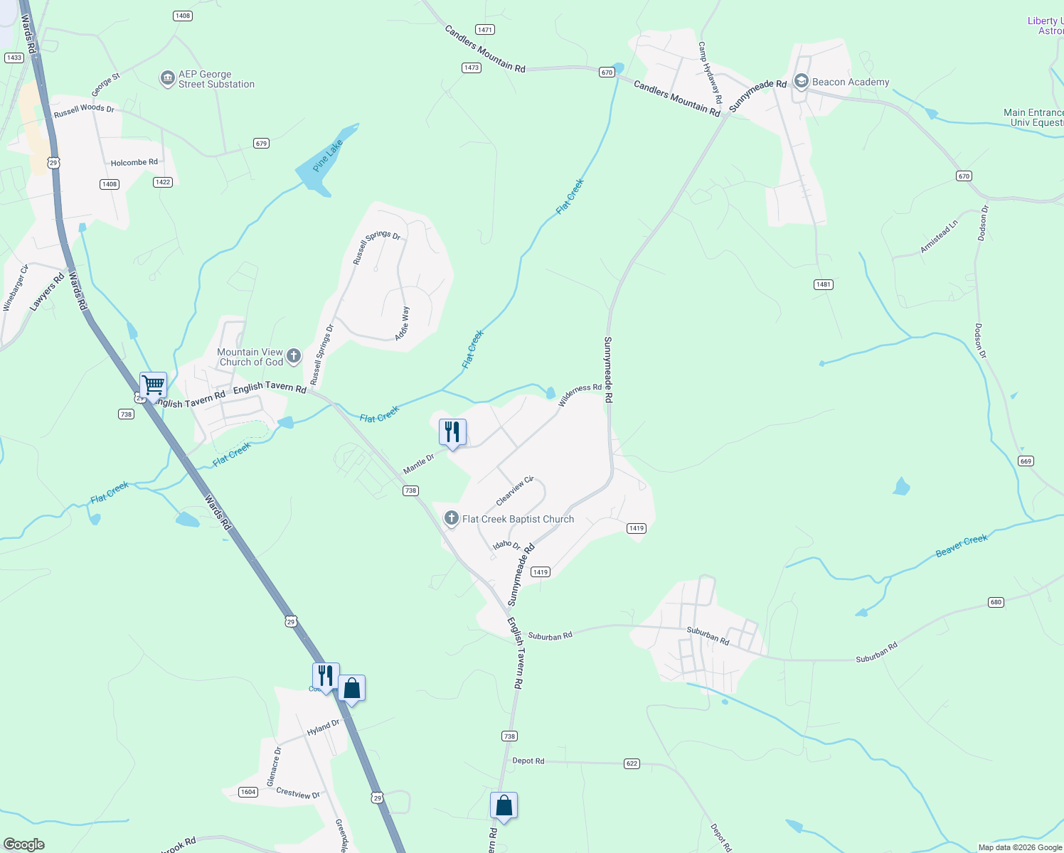 map of restaurants, bars, coffee shops, grocery stores, and more near 151 Wilderness Road in Rustburg