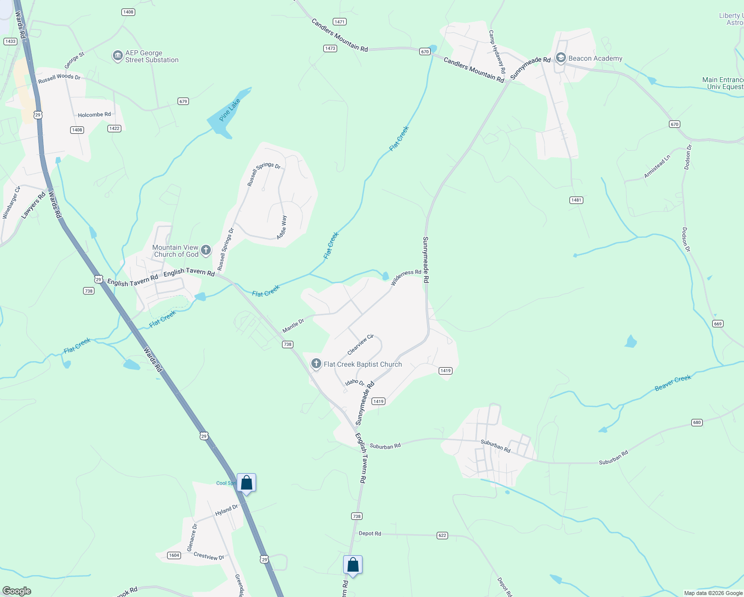 map of restaurants, bars, coffee shops, grocery stores, and more near 151 Wilderness Road in Rustburg