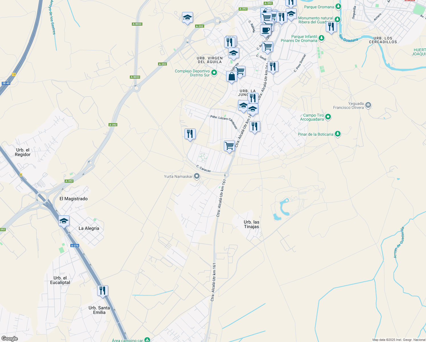 map of restaurants, bars, coffee shops, grocery stores, and more near 48 Alameda de Buenos Aires in Alcalá de Guadaíra
