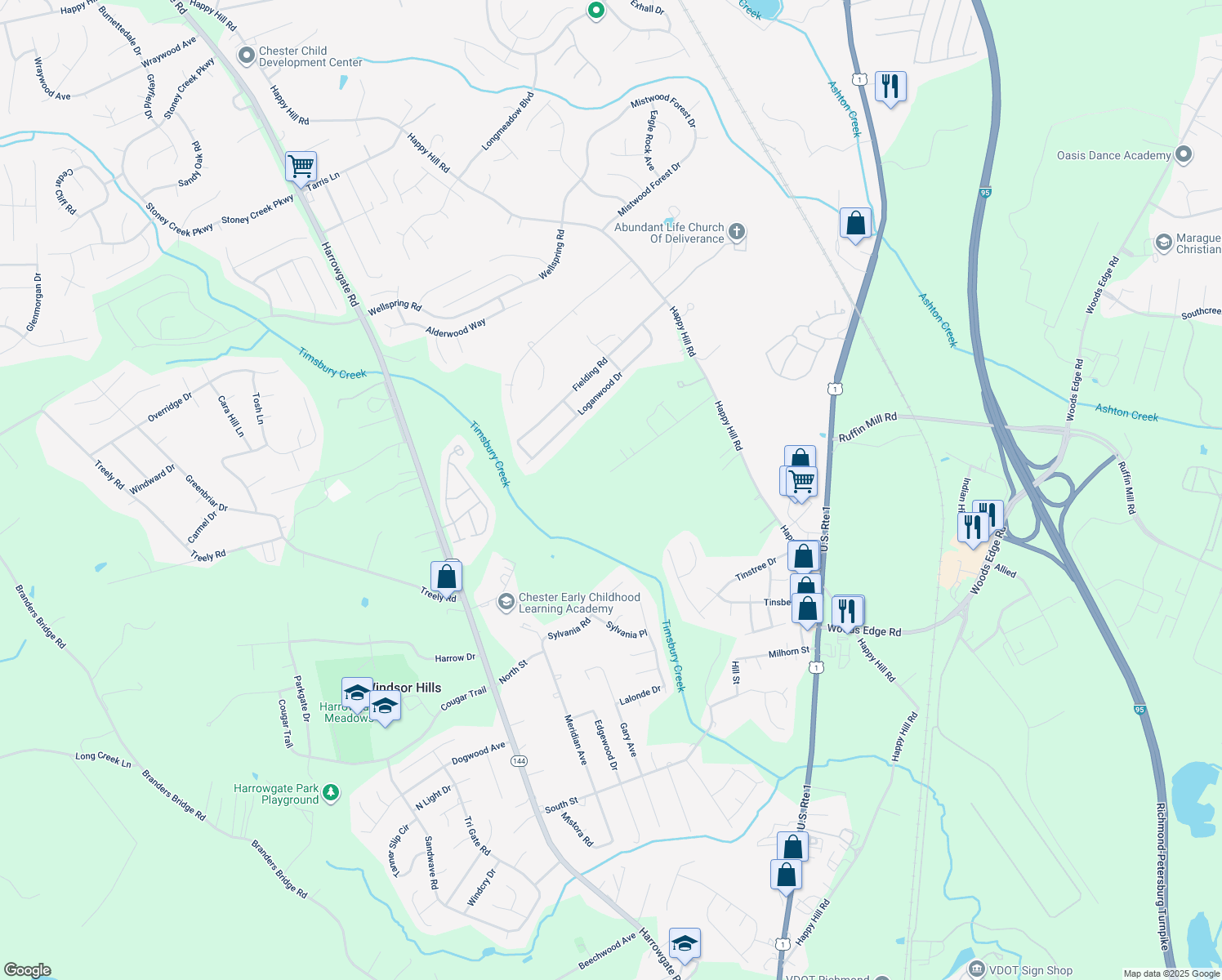 map of restaurants, bars, coffee shops, grocery stores, and more near 3131 Marobrith Dr in Colonial Heights