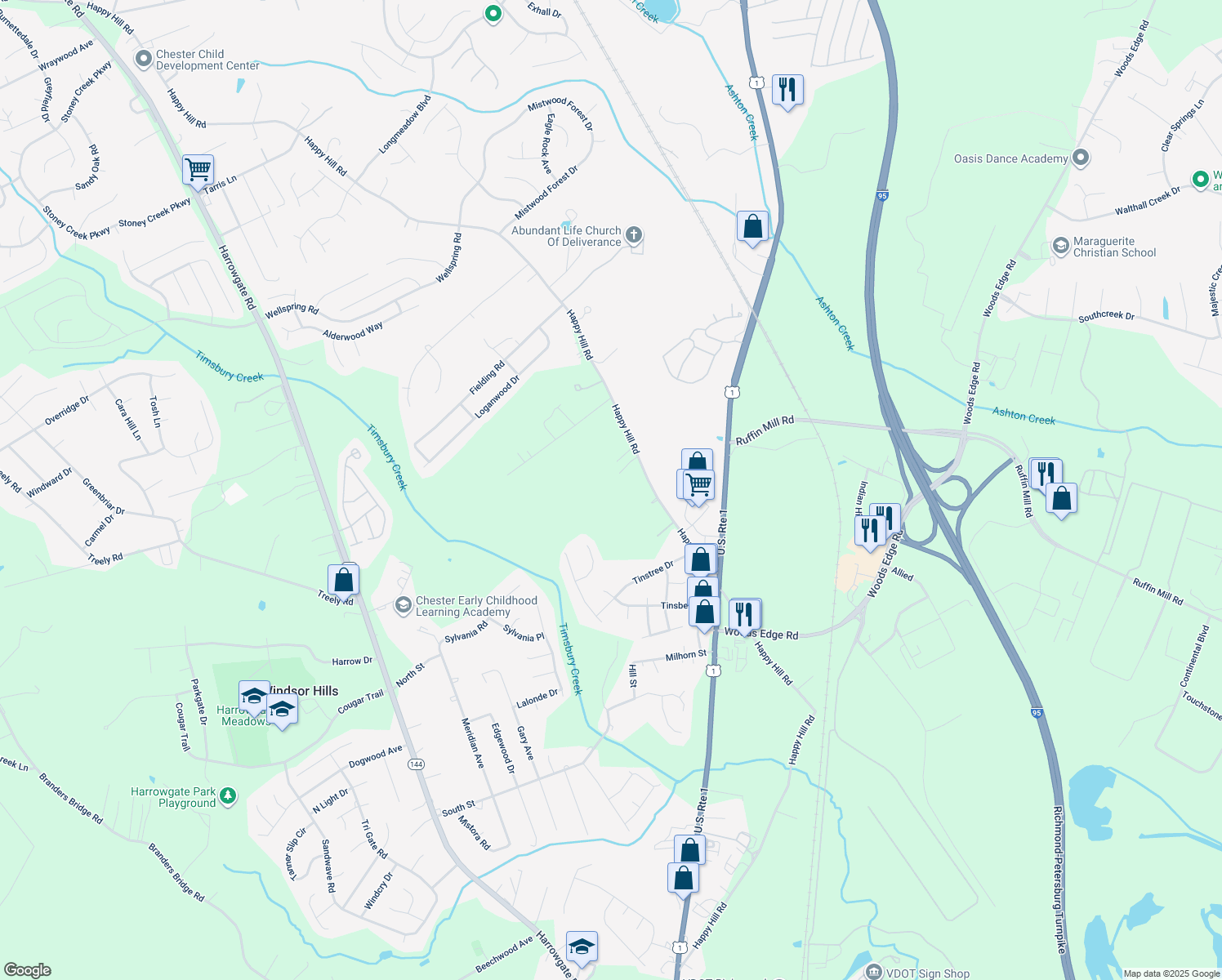map of restaurants, bars, coffee shops, grocery stores, and more near 15302 Happy Hill Road in Colonial Heights