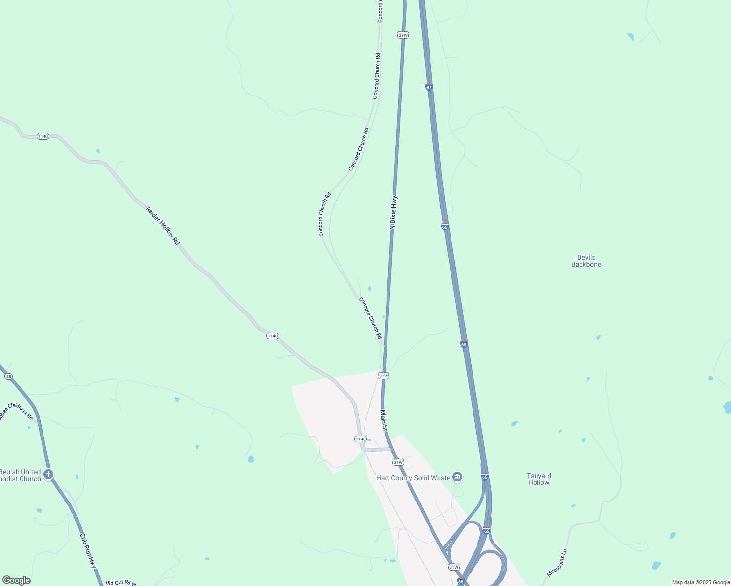 map of restaurants, bars, coffee shops, grocery stores, and more near 1-265 Concord Church Road in Bonnieville