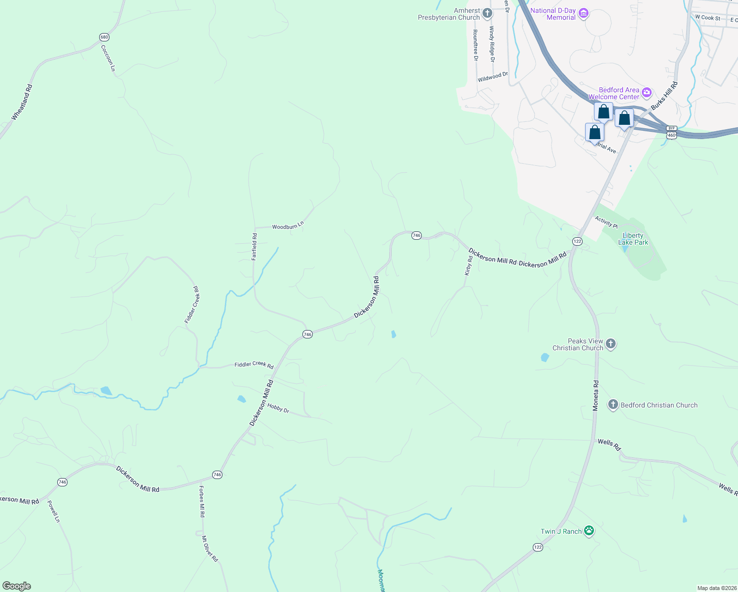map of restaurants, bars, coffee shops, grocery stores, and more near 2278 Dickerson Mill Road in Bedford