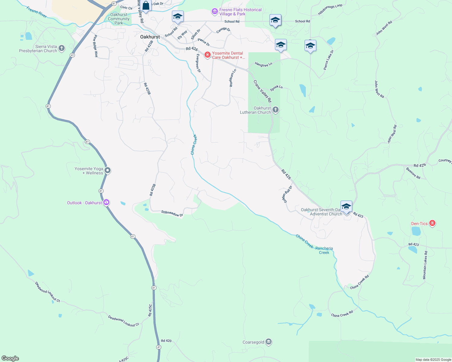 map of restaurants, bars, coffee shops, grocery stores, and more near 38788 Goldenrod Lane in Oakhurst