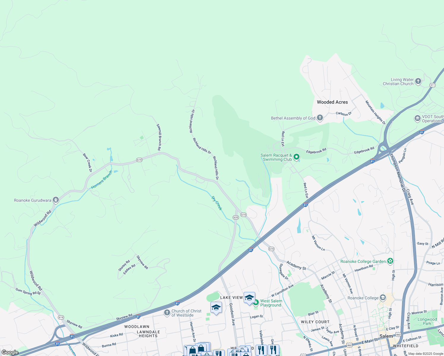 map of restaurants, bars, coffee shops, grocery stores, and more near 1542 Wanaga Way Drive in Salem