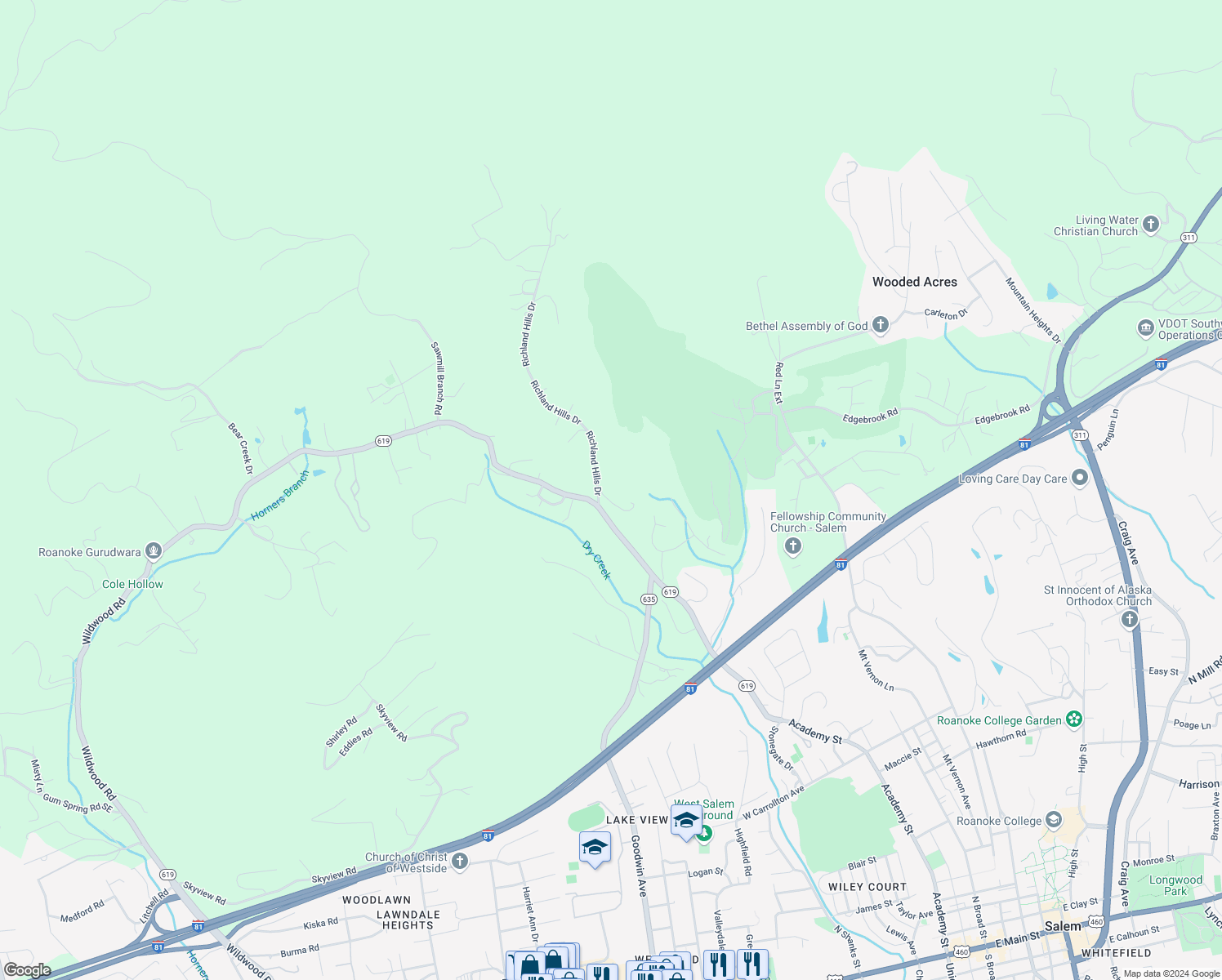 map of restaurants, bars, coffee shops, grocery stores, and more near 1542 Wanaga Way Drive in Salem