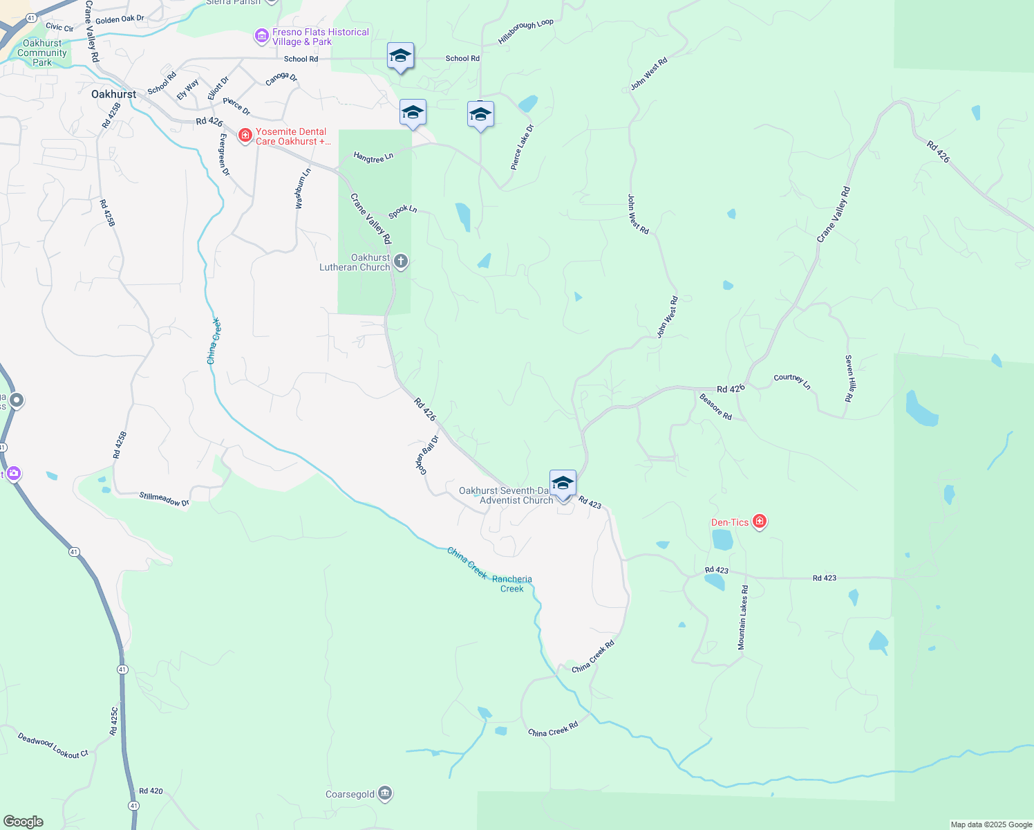 map of restaurants, bars, coffee shops, grocery stores, and more near 50622 Critter Creek Lane in Oakhurst