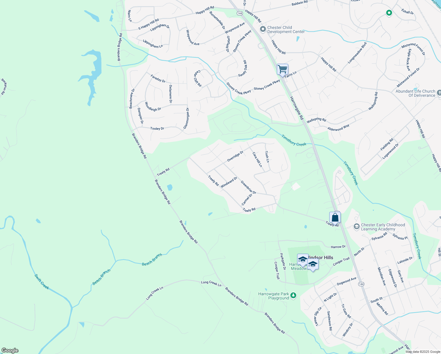 map of restaurants, bars, coffee shops, grocery stores, and more near 4615 Dunkirk Drive in Chester