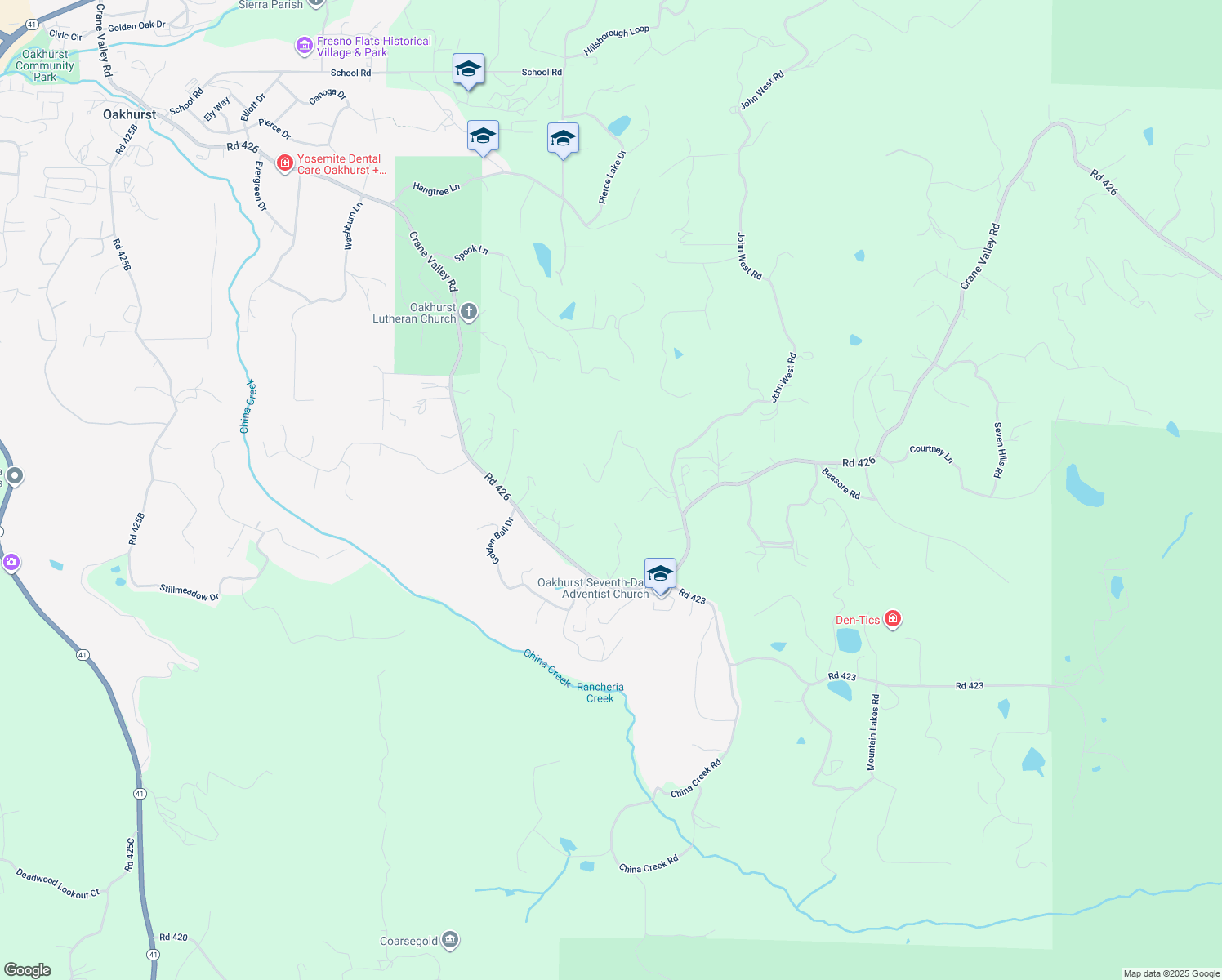 map of restaurants, bars, coffee shops, grocery stores, and more near 50622 Critter Creek Lane in Oakhurst