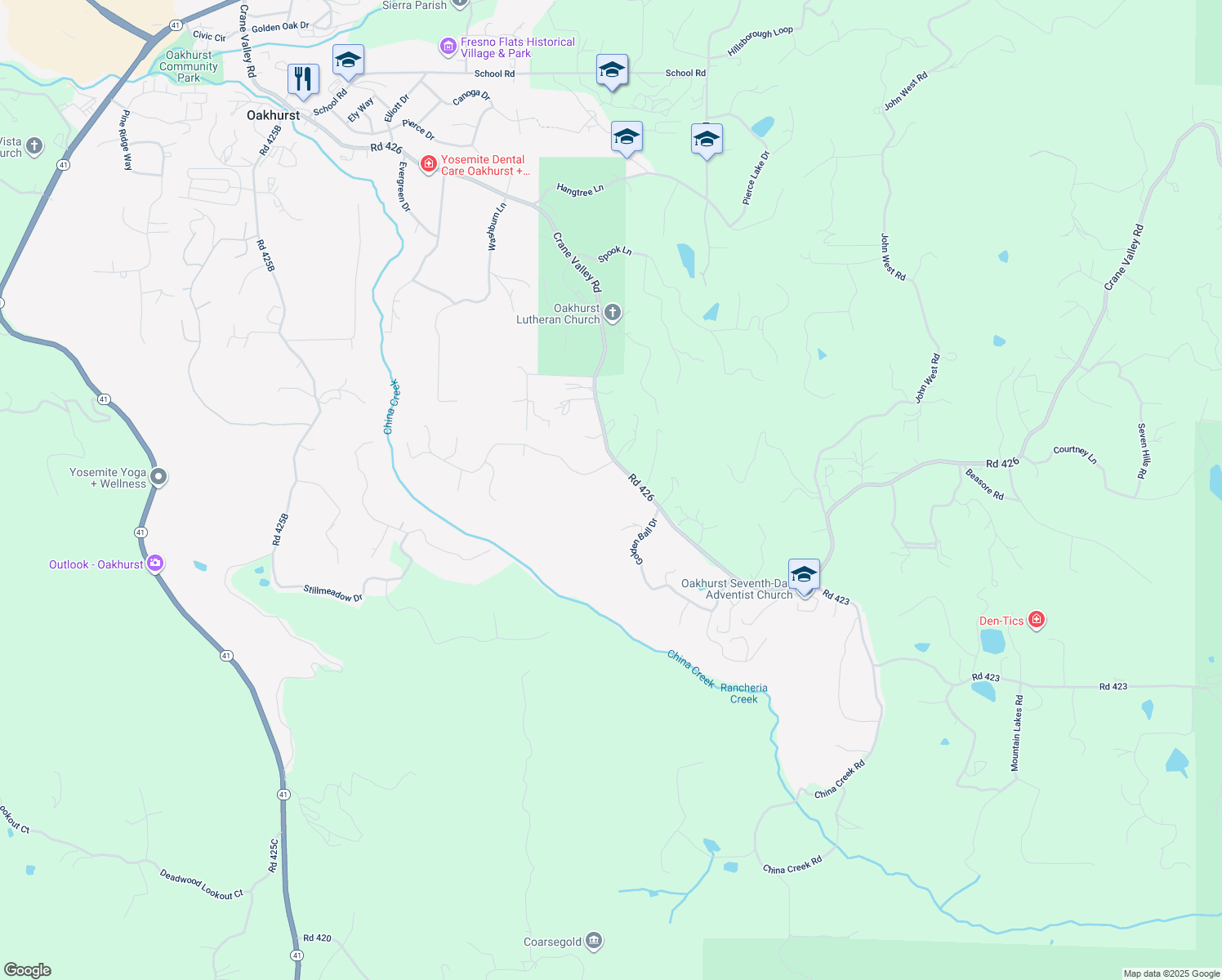 map of restaurants, bars, coffee shops, grocery stores, and more near 50330 Road 426 in Oakhurst
