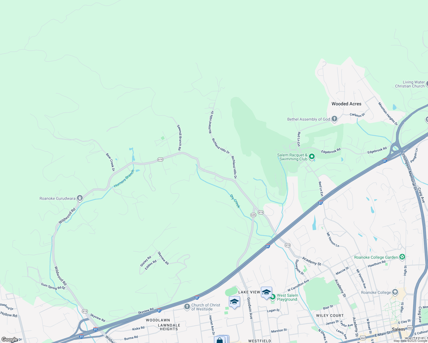 map of restaurants, bars, coffee shops, grocery stores, and more near 1611 Wildwood Road in Salem