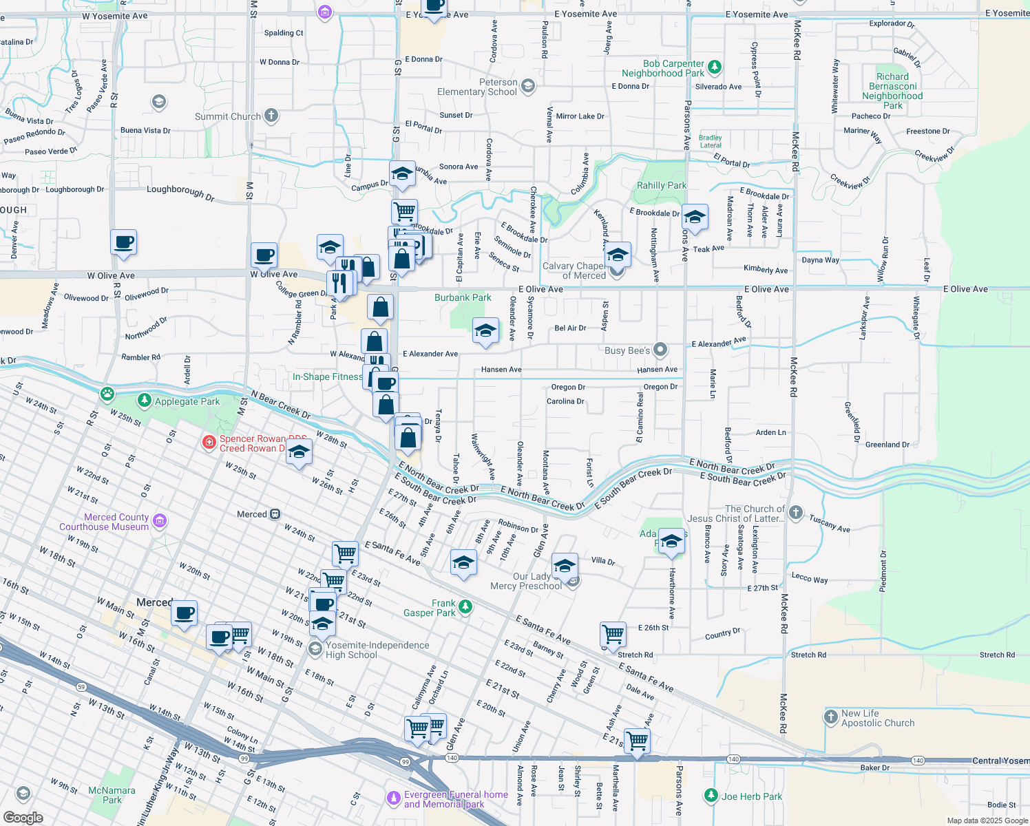 map of restaurants, bars, coffee shops, grocery stores, and more near 2909 Oleander Avenue in Merced