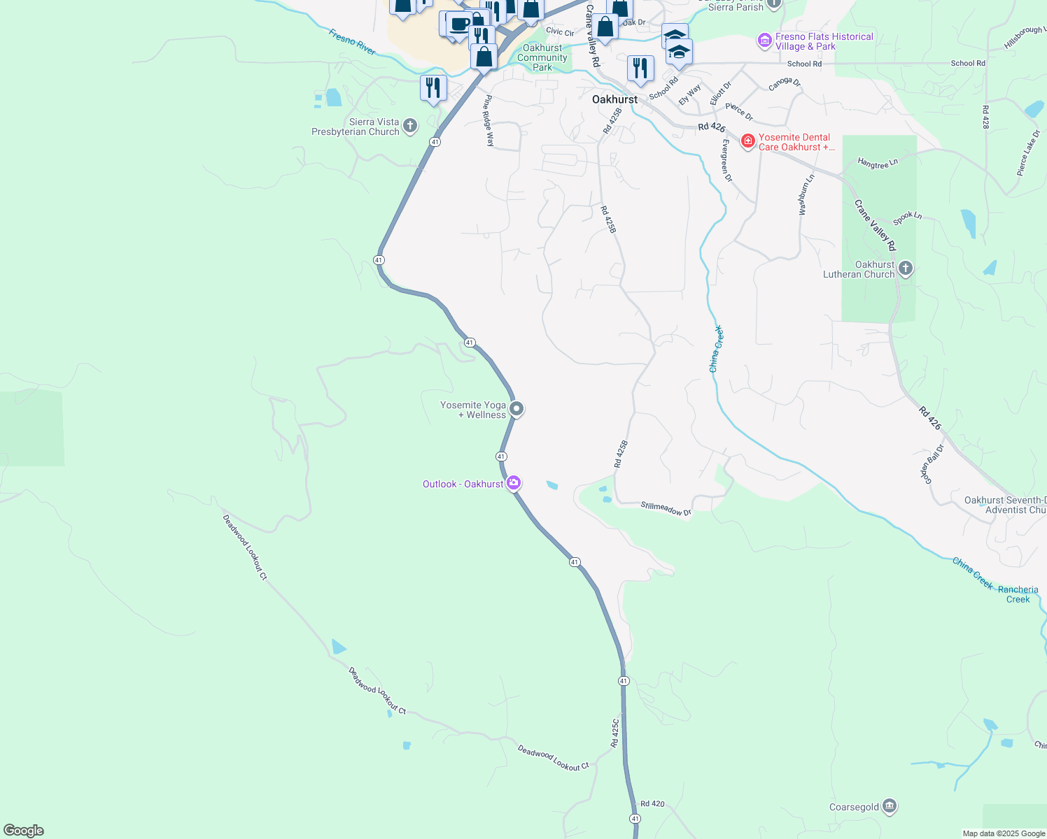map of restaurants, bars, coffee shops, grocery stores, and more near 38797 California 41 in Oakhurst