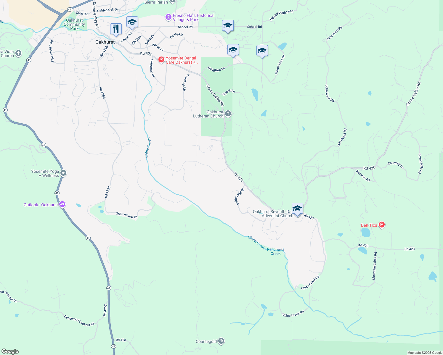 map of restaurants, bars, coffee shops, grocery stores, and more near 50330 Road 426 in Oakhurst