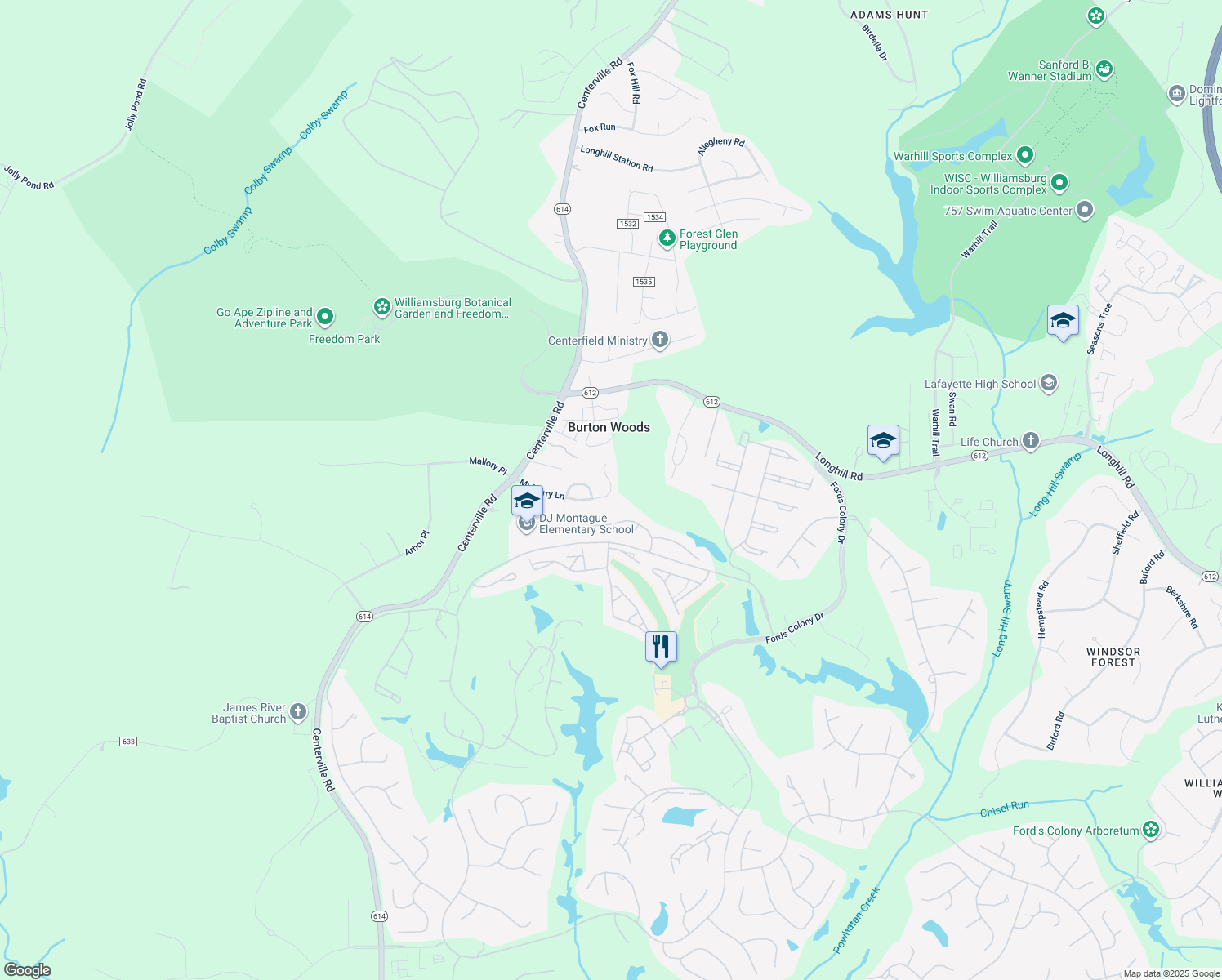 map of restaurants, bars, coffee shops, grocery stores, and more near 3768 Mulberry Lane in Williamsburg