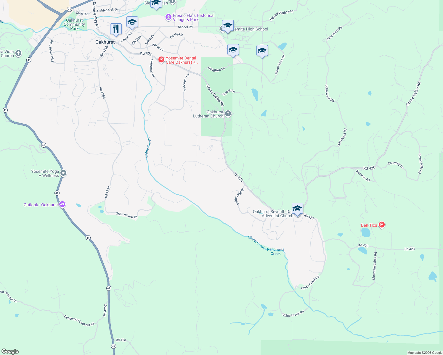 map of restaurants, bars, coffee shops, grocery stores, and more near 50330 Road 426 in Oakhurst
