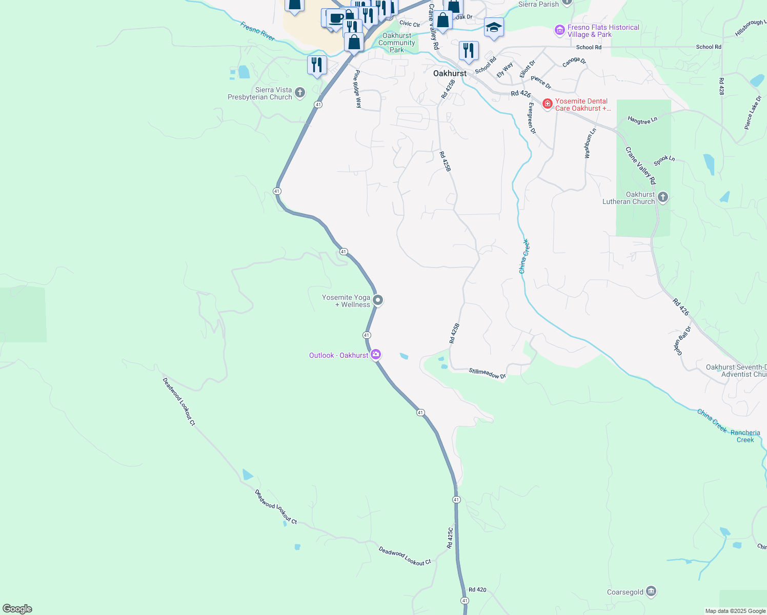 map of restaurants, bars, coffee shops, grocery stores, and more near 38797 California 41 in Oakhurst