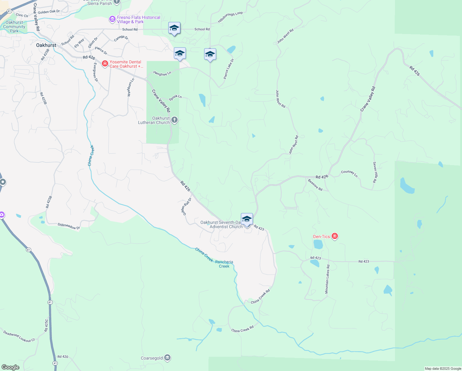 map of restaurants, bars, coffee shops, grocery stores, and more near 50626 Critter Creek Lane in Oakhurst