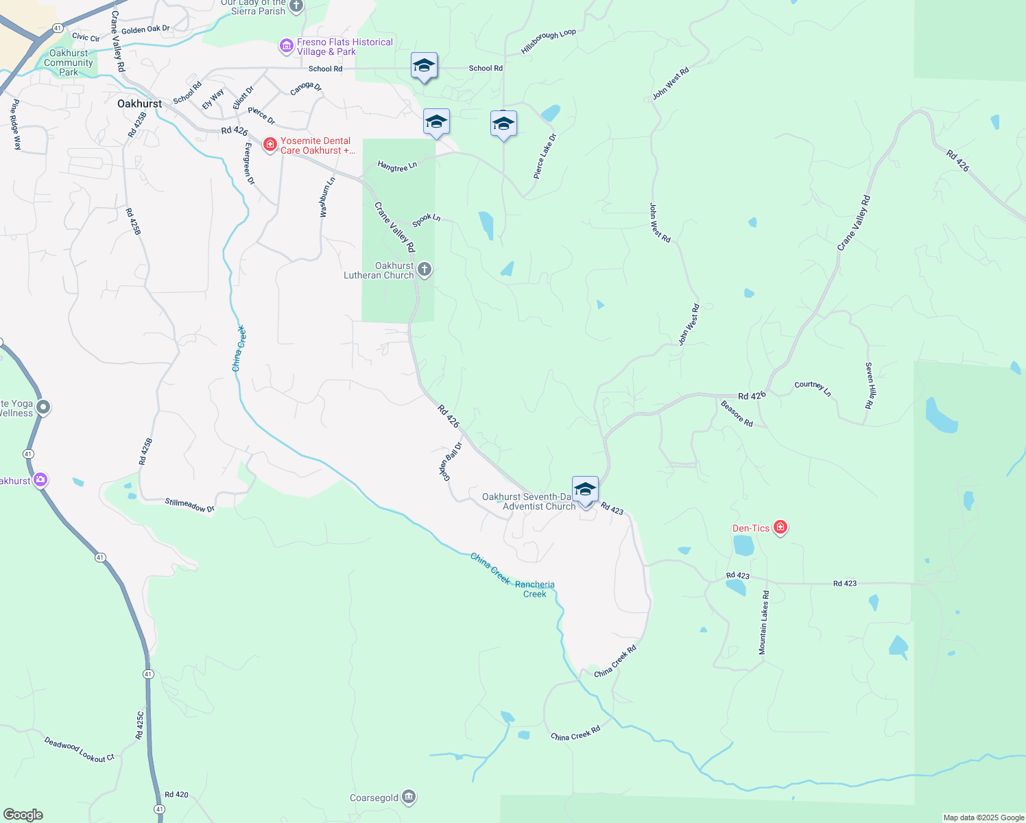 map of restaurants, bars, coffee shops, grocery stores, and more near 50566 Critter Creek Lane in Oakhurst