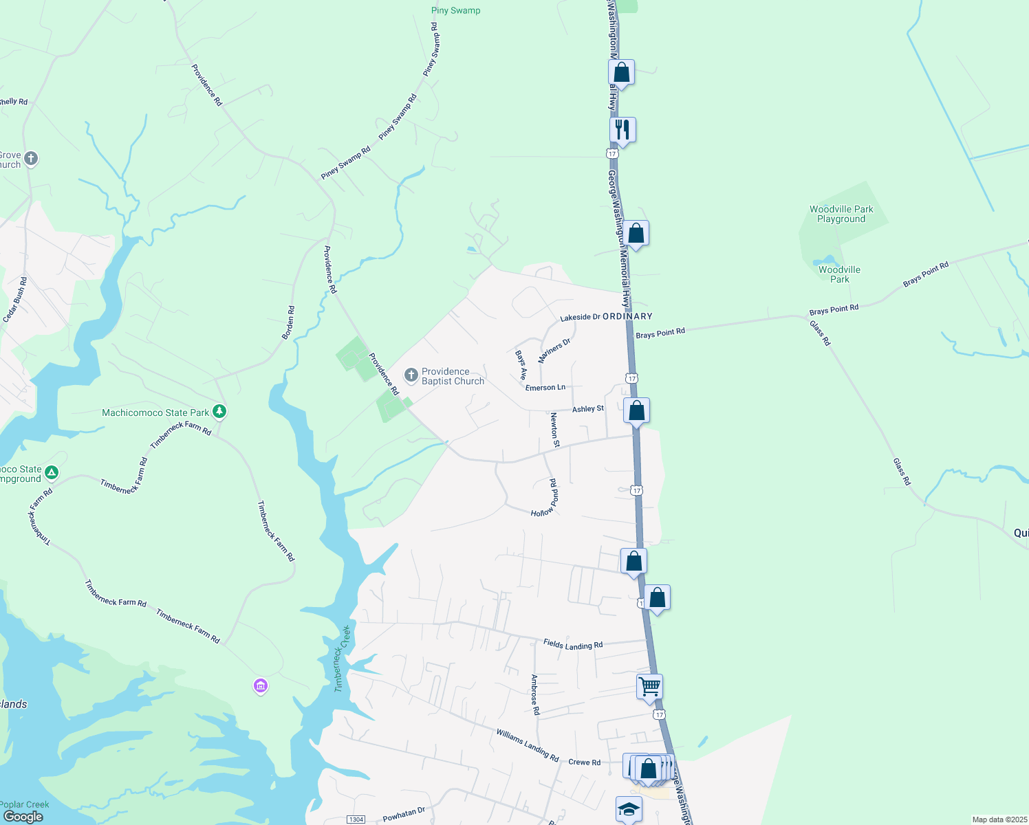 map of restaurants, bars, coffee shops, grocery stores, and more near 6862 Ashley Street in Gloucester Point