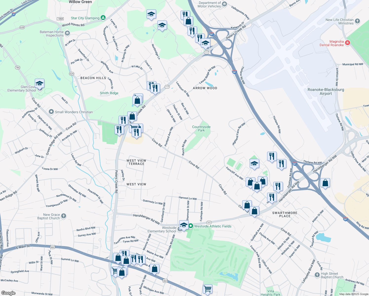 map of restaurants, bars, coffee shops, grocery stores, and more near 2213 Ranch Rd NW in Roanoke