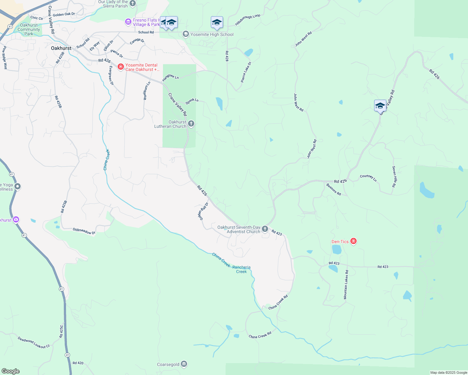 map of restaurants, bars, coffee shops, grocery stores, and more near 50566 Critter Creek Lane in Oakhurst