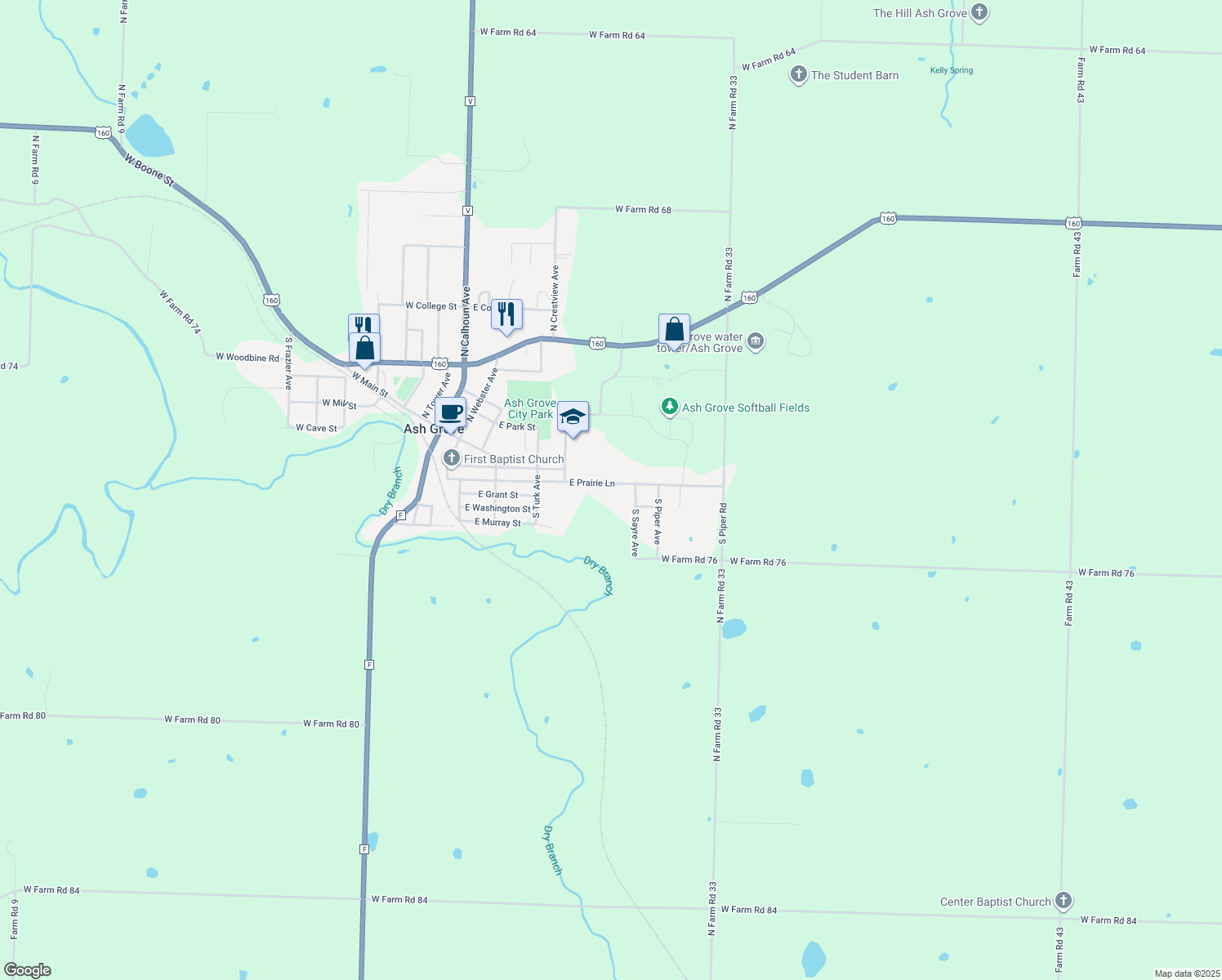 map of restaurants, bars, coffee shops, grocery stores, and more near 621 E Prairie Ln in Ash Grove