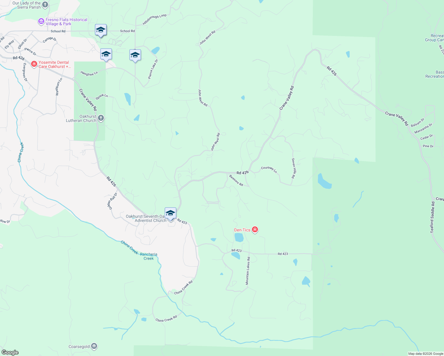 map of restaurants, bars, coffee shops, grocery stores, and more near 38950 Sierra Lakes Drive in Oakhurst