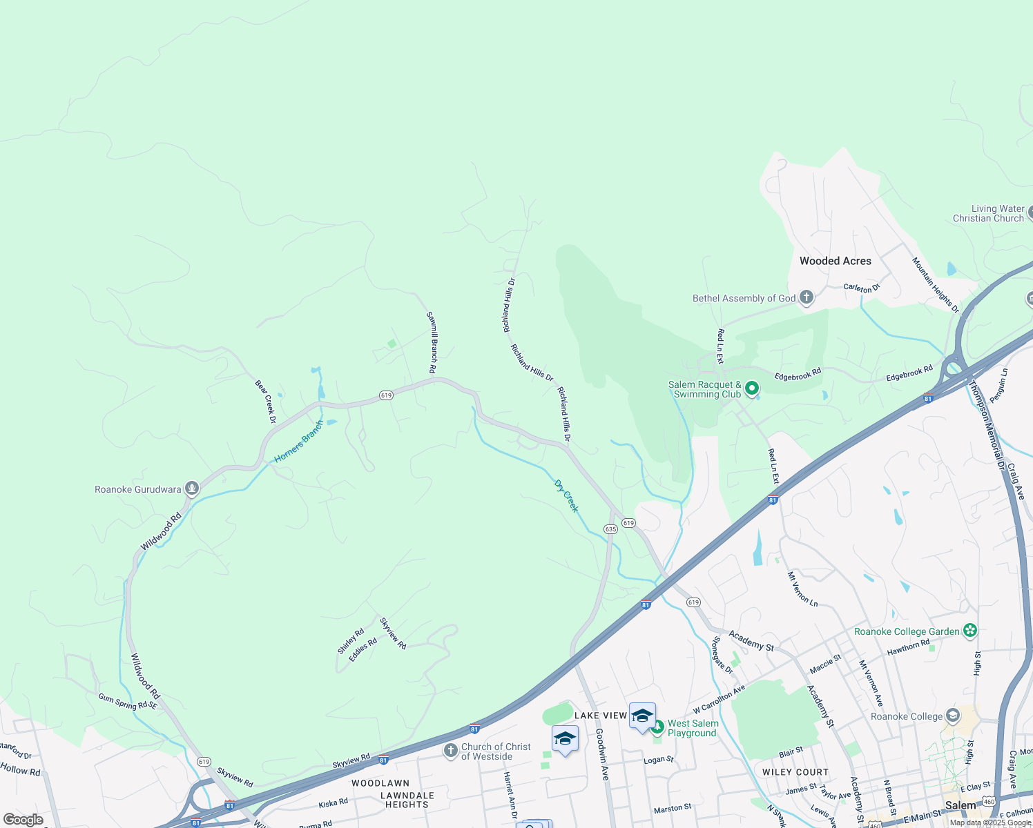 map of restaurants, bars, coffee shops, grocery stores, and more near 1611 Wildwood Road in Salem