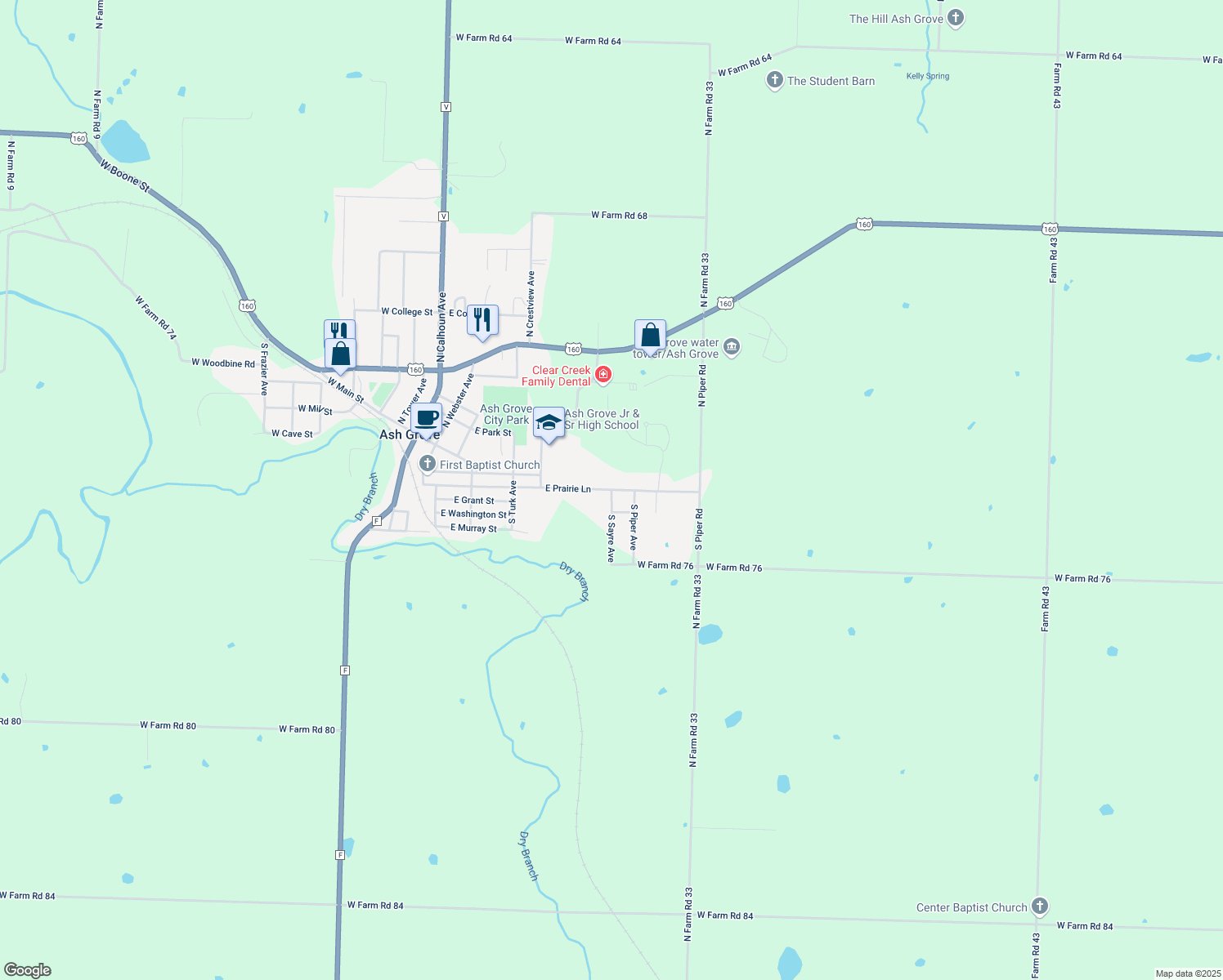 map of restaurants, bars, coffee shops, grocery stores, and more near 498 Sayre Ave in Ash Grove