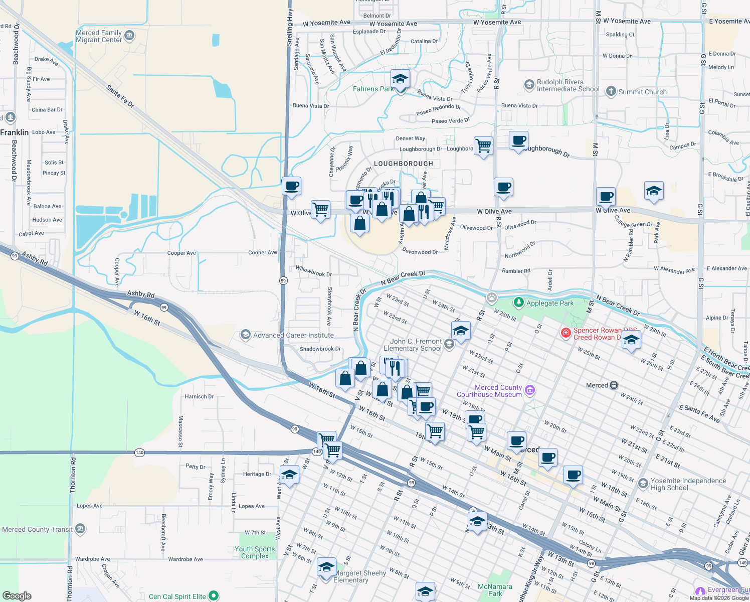 map of restaurants, bars, coffee shops, grocery stores, and more near 2215 W Street in Merced