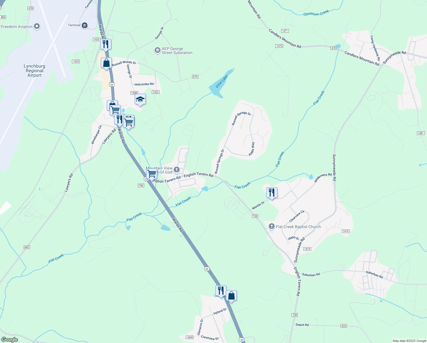 map of restaurants, bars, coffee shops, grocery stores, and more near 42 Russell Springs Drive in Lynchburg