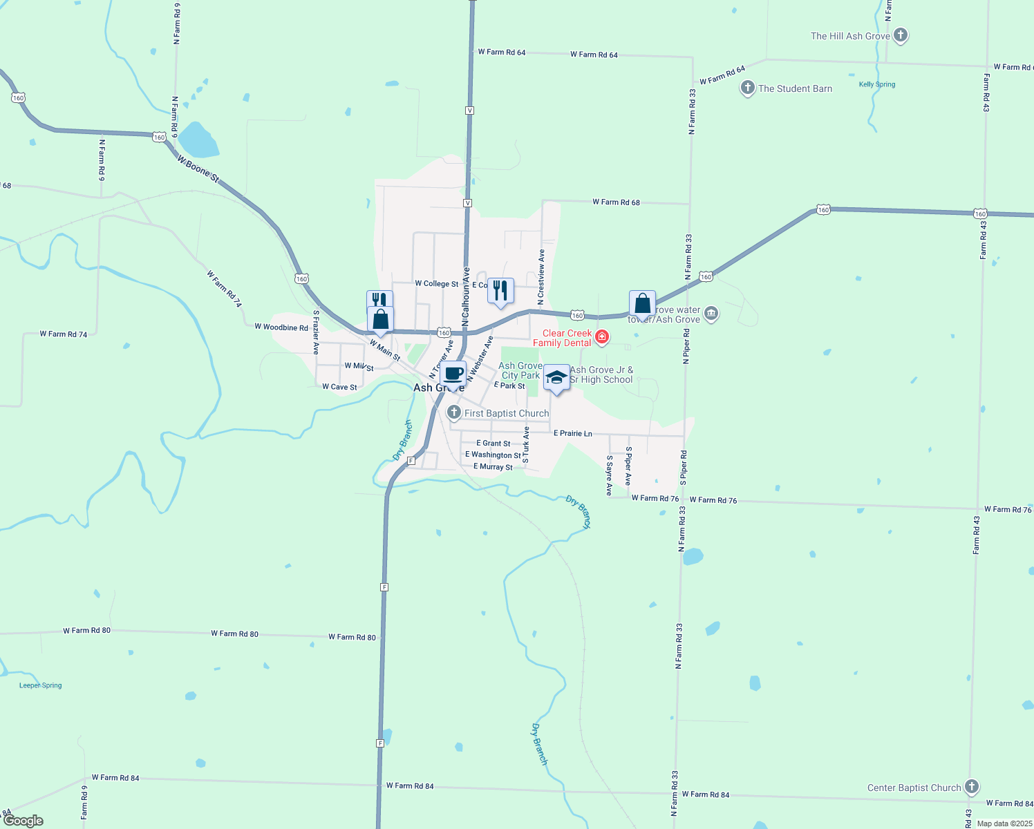 map of restaurants, bars, coffee shops, grocery stores, and more near 408 East Walker Street in Ash Grove