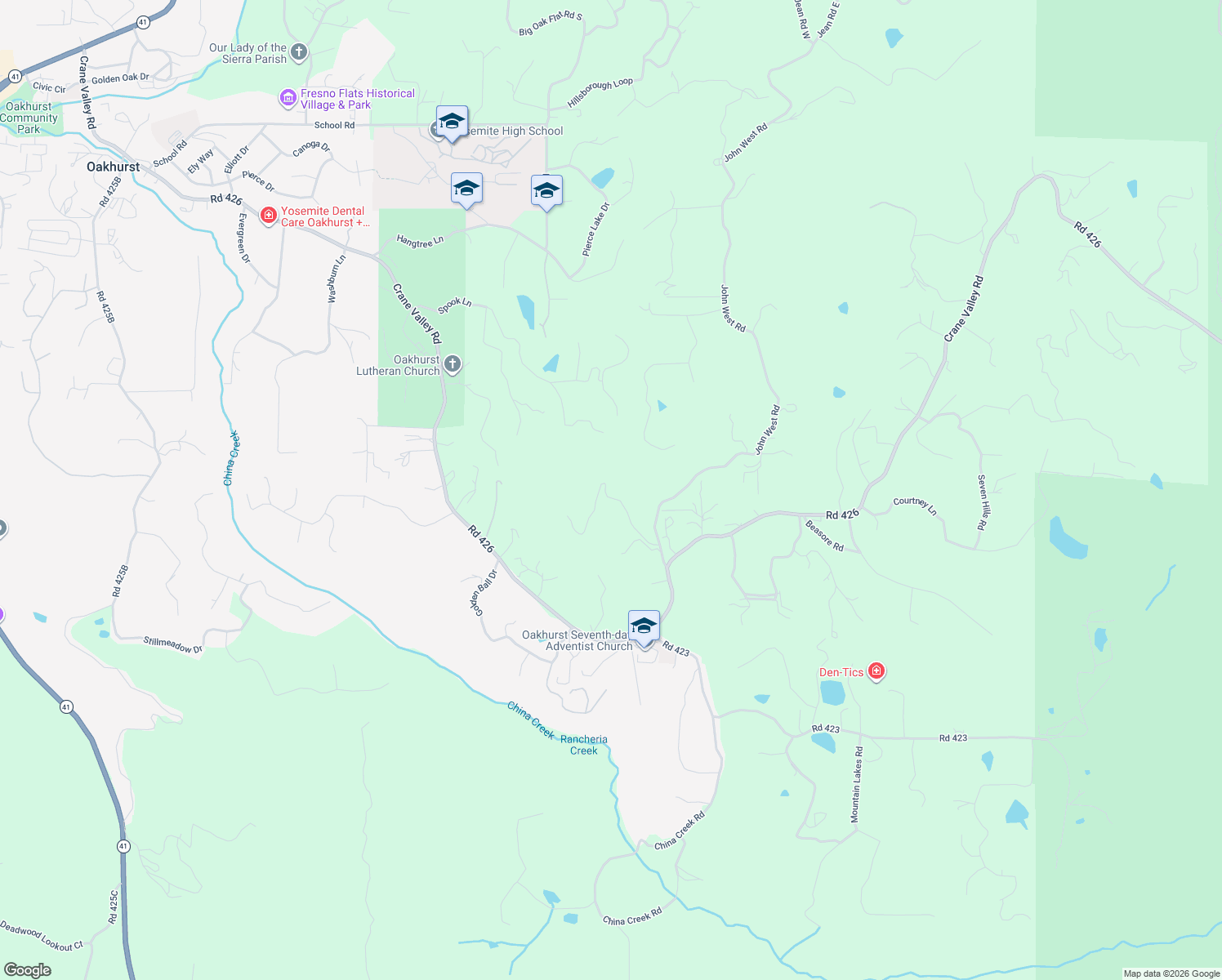 map of restaurants, bars, coffee shops, grocery stores, and more near 50689 Critter Creek Lane in Oakhurst