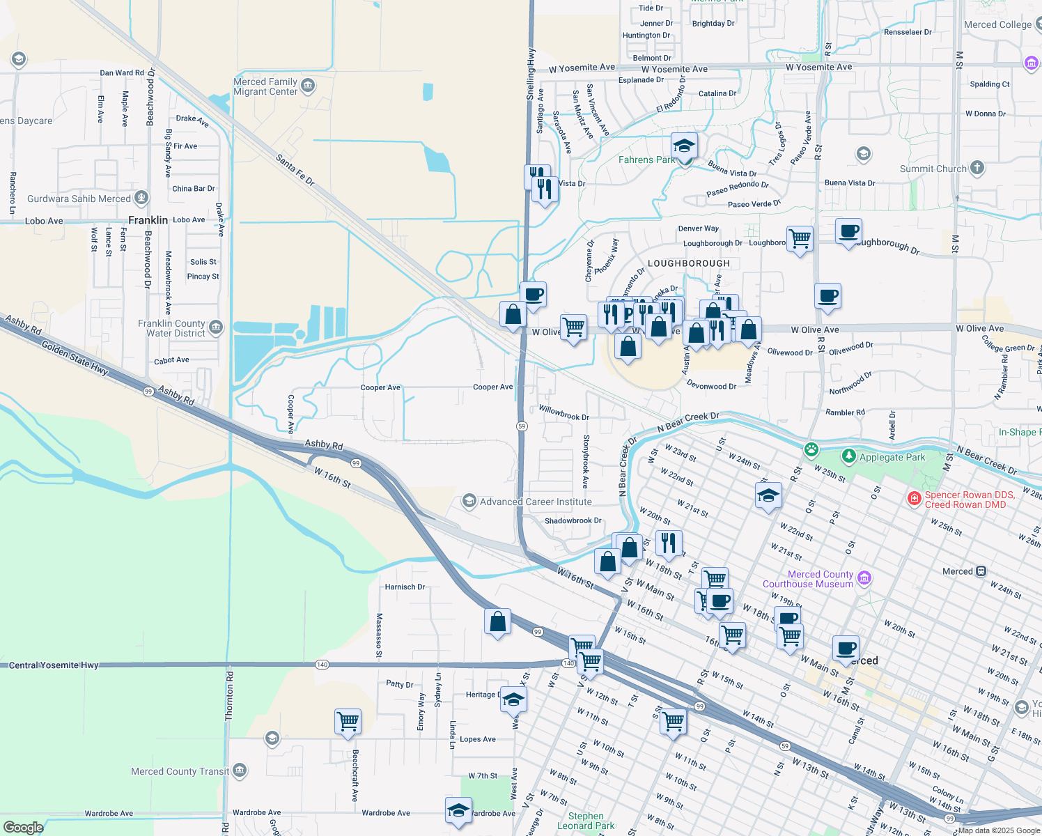 map of restaurants, bars, coffee shops, grocery stores, and more near North State Highway 59 in Merced