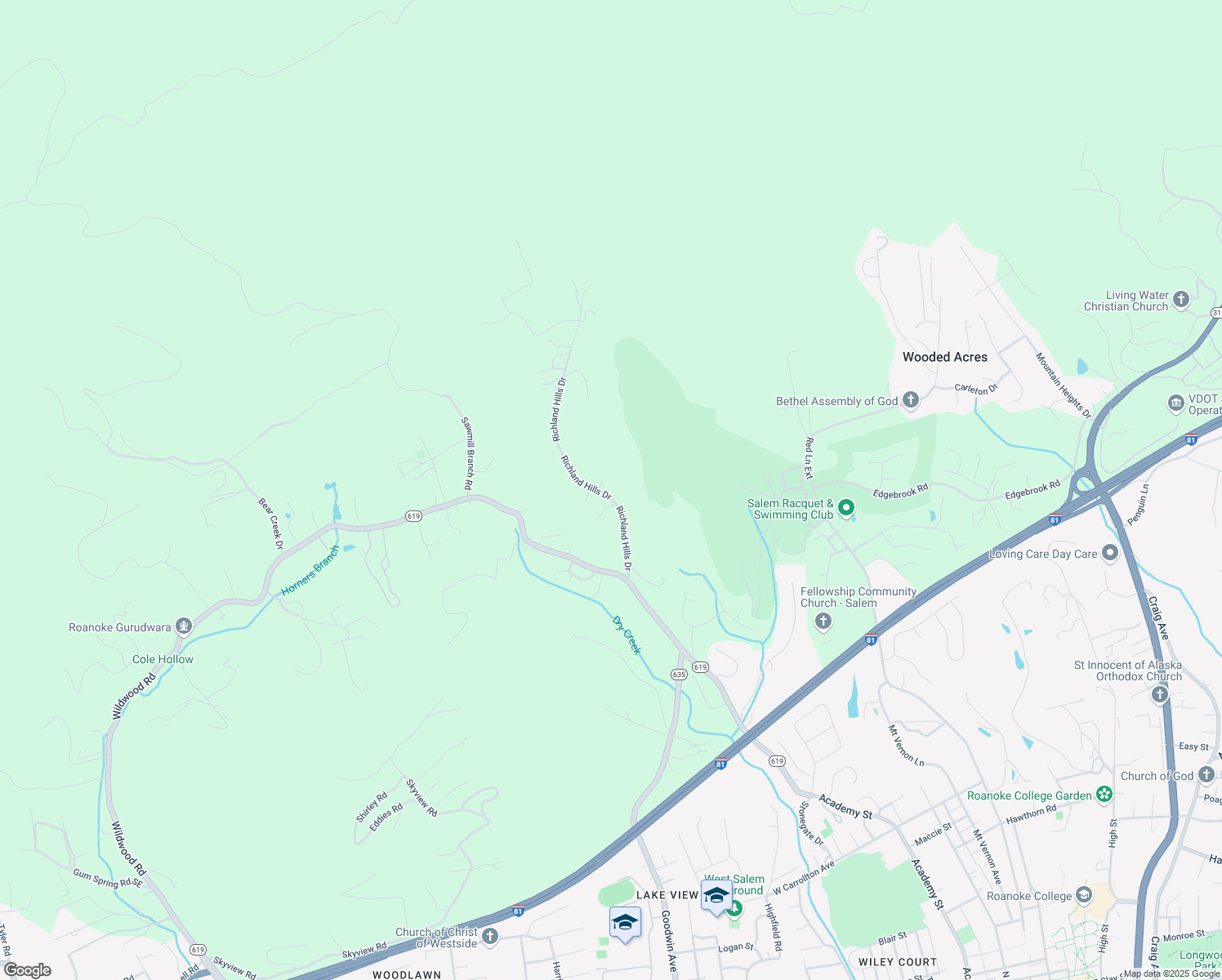 map of restaurants, bars, coffee shops, grocery stores, and more near 1605 Richland Hills Drive in Salem