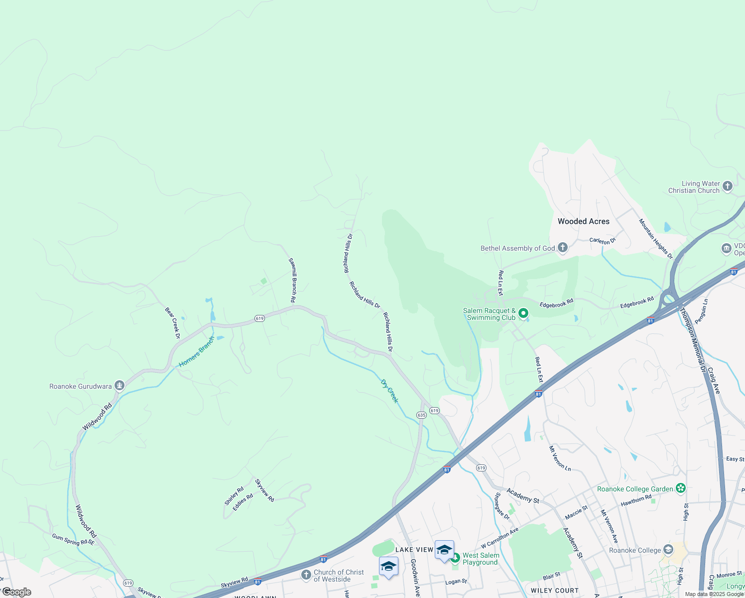 map of restaurants, bars, coffee shops, grocery stores, and more near 1621 Richland Hills Drive in Salem