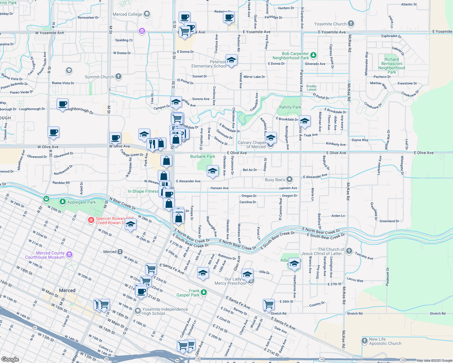 map of restaurants, bars, coffee shops, grocery stores, and more near 780 East Alexander Avenue in Merced