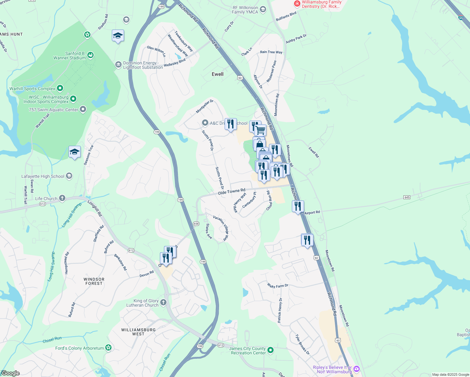 map of restaurants, bars, coffee shops, grocery stores, and more near 5483 Olde Towne Rd in Williamsburg