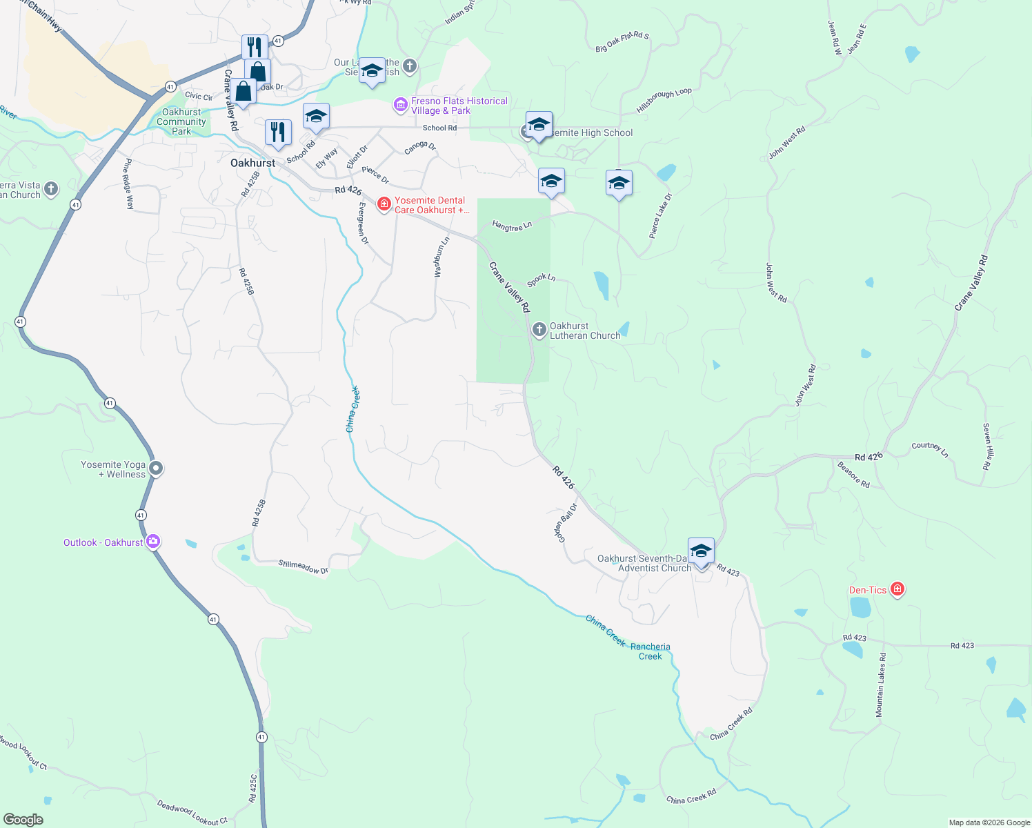 map of restaurants, bars, coffee shops, grocery stores, and more near 50290 Road 426 in Oakhurst