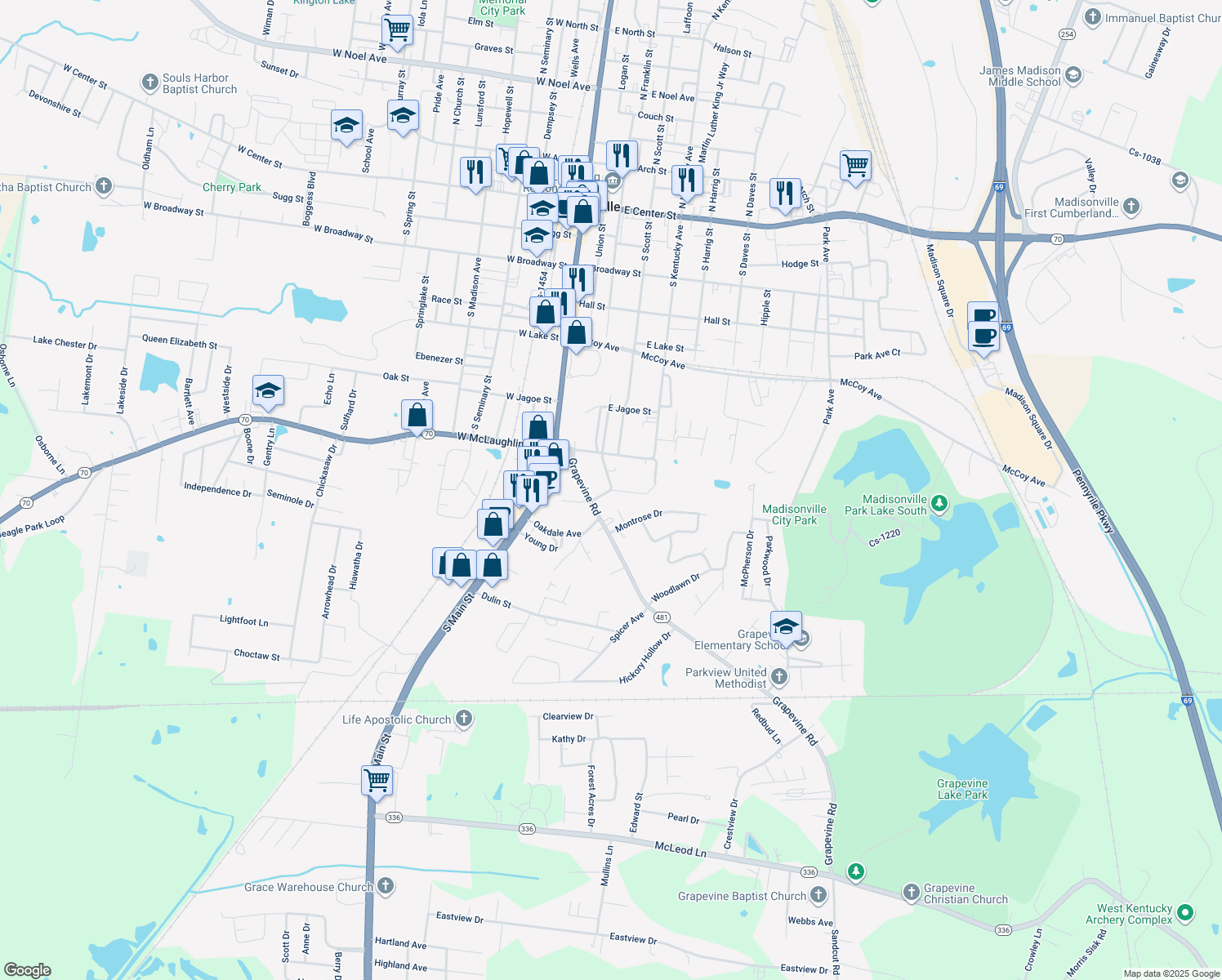 map of restaurants, bars, coffee shops, grocery stores, and more near 799 S Franklin St in Madisonville