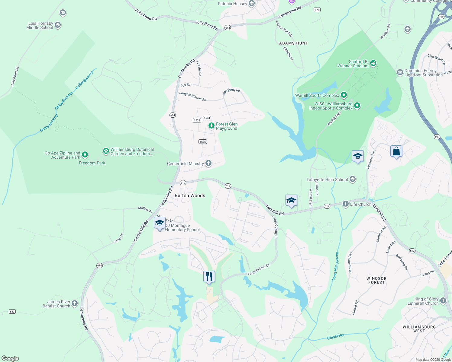 map of restaurants, bars, coffee shops, grocery stores, and more near 3970 Longhill Road in Williamsburg