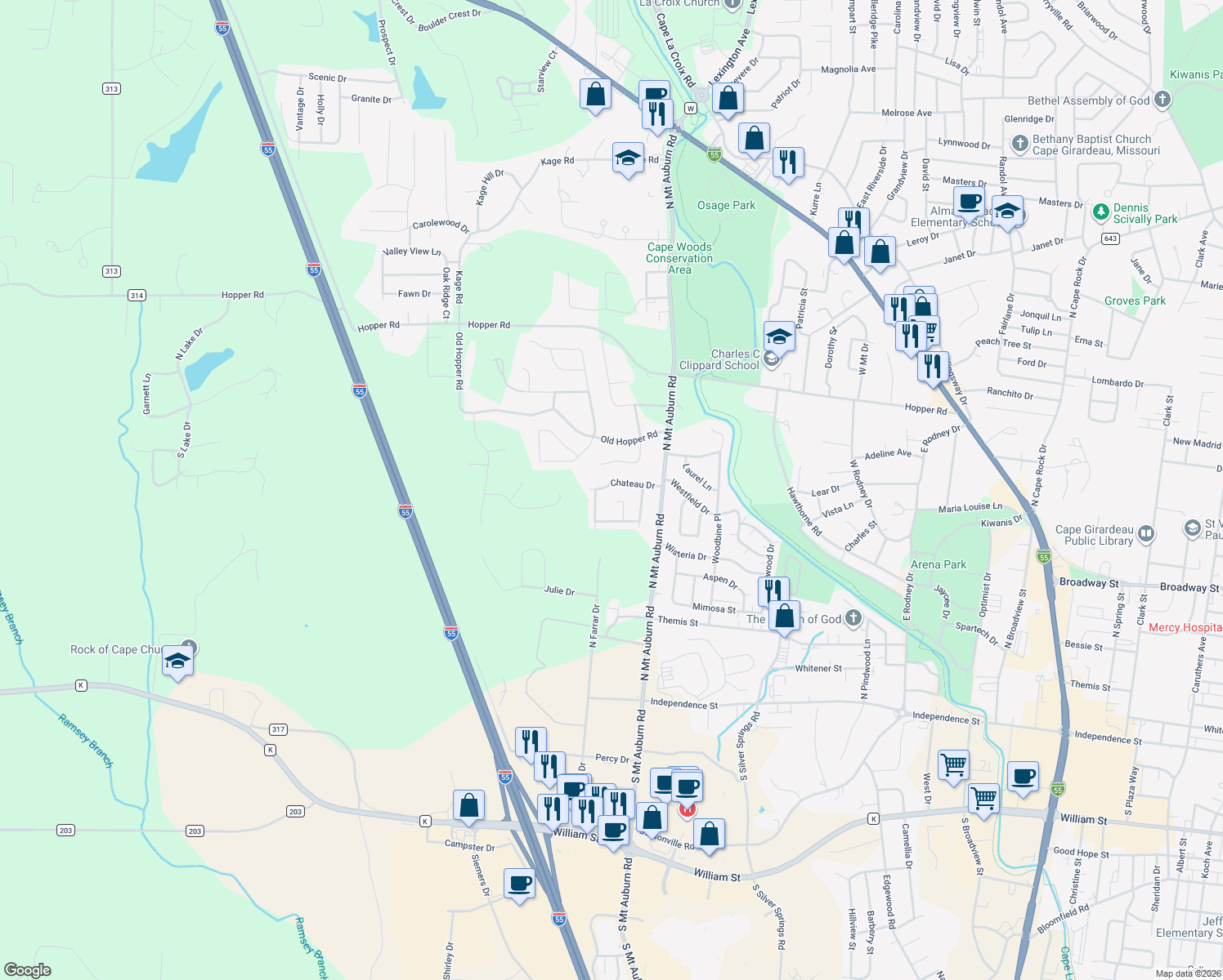 map of restaurants, bars, coffee shops, grocery stores, and more near 3237 Chateau Dr in Cape Girardeau