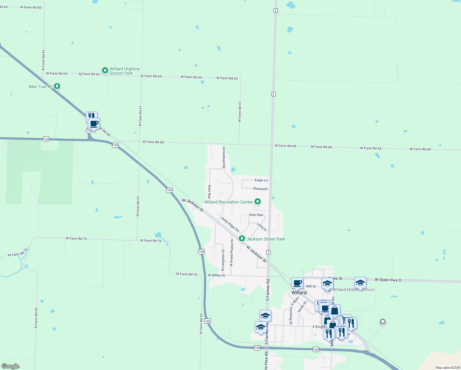 map of restaurants, bars, coffee shops, grocery stores, and more near 311 Arrowhead Rd in Willard